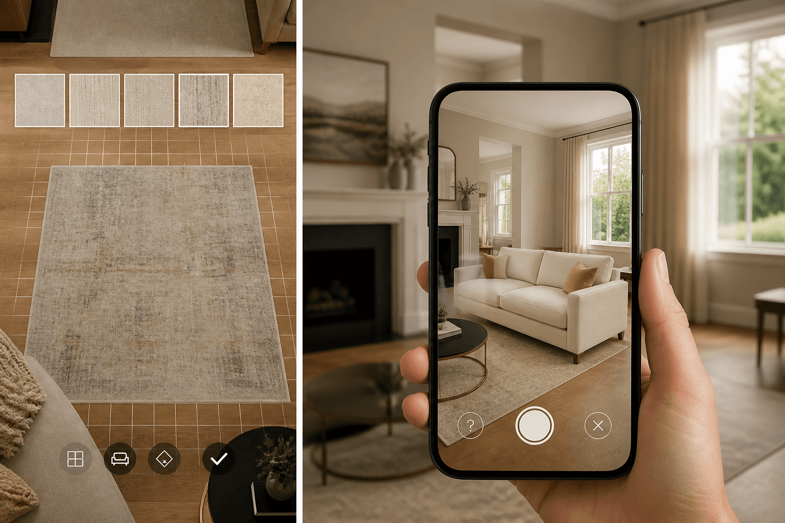Split comparison of a flooring visualizer overlay and a photo-based sofa preview in a real living room
