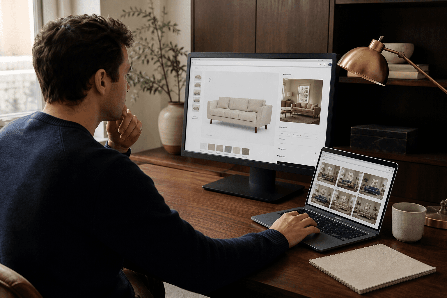 Furniture retailer comparing Shopify room visualizer options on a laptop in a showroom office